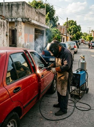 hombre soldando un carro